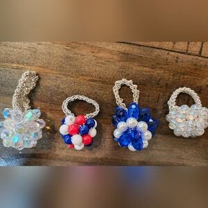 4 Vintage Beaded Flower Rings in Red, White & Blue and Royal Blue